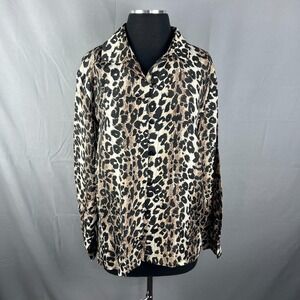 Vintage Stunt Blouse Top Womens Medium Multicolor Silk Leopard Print Long Sleeve